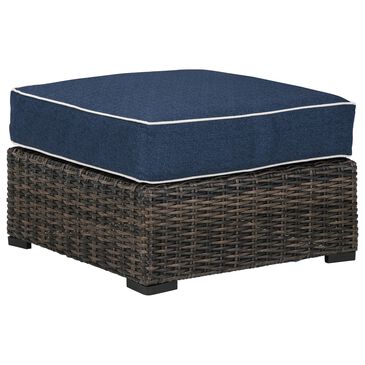 Signature Design by Ashley Grasson Lane Ottoman with Blue Cushion in Brown, , large