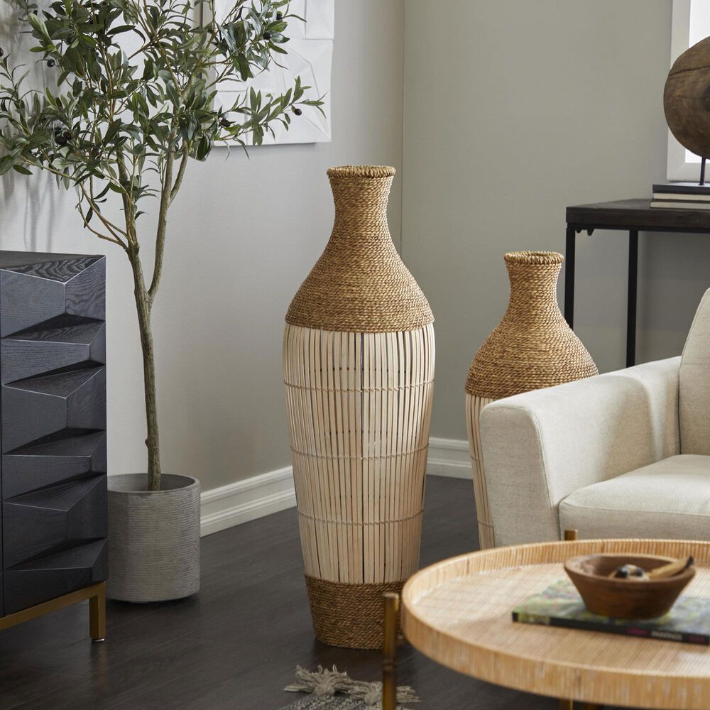 Maple and Jade 40&quot; Handmade Decorative Vase in White, Natural Brown and Cream, , large