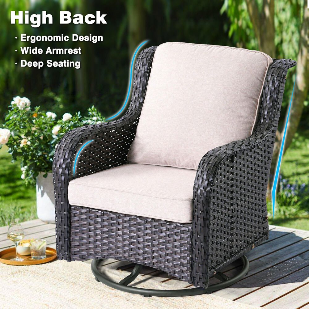 HOMLUX 3-Piece Patio Conversation Set with Curved-Arm Swivel Rocking Chairs and Brown Wicker in Beige, , large