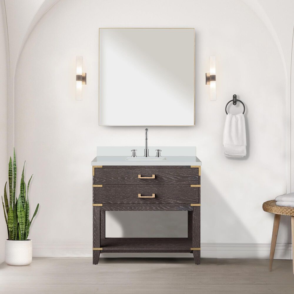 Lexora Home Norwalk 36&quot; Single Bathroom Vanity in Brown Oak with White Quartz Top, Rectangular Sink and 34&quot; Mirror, , large