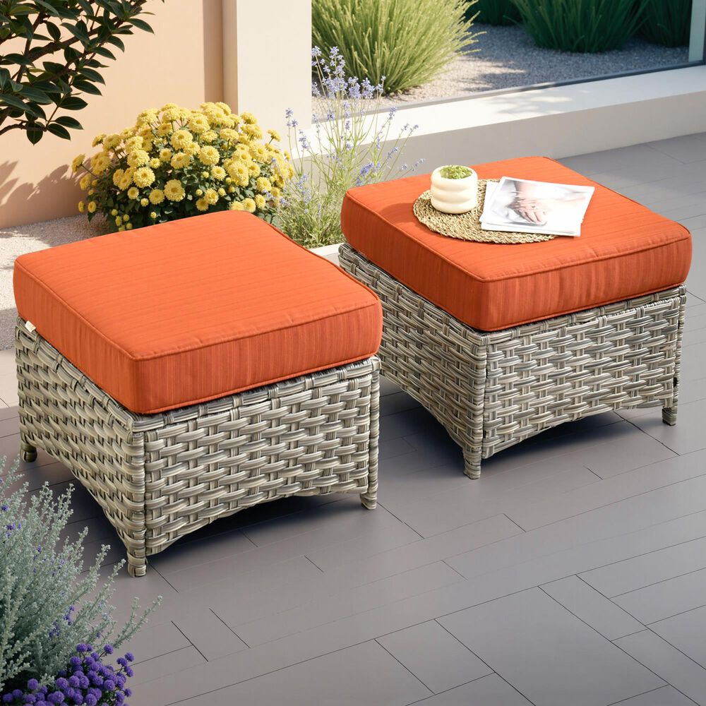 HOMLUX 2-Piece Outdoor Wicker Ottoman Set with Cushion in Orange, , large