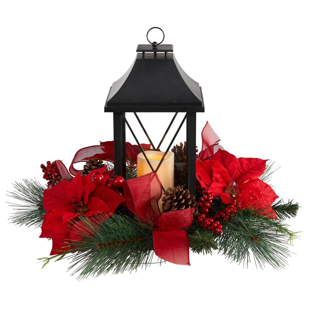 Nearly Natural Inc 15in. Holiday Poinsettia, Pinecone and Greenery with Lantern and Included LED Candle Artificial Table Christmas Arrangement, , large