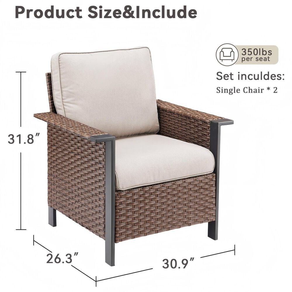 Sunwell Garden Patio Stationary Chair with Brown Frame and Square Armrests in Beige (Set of 2), , large