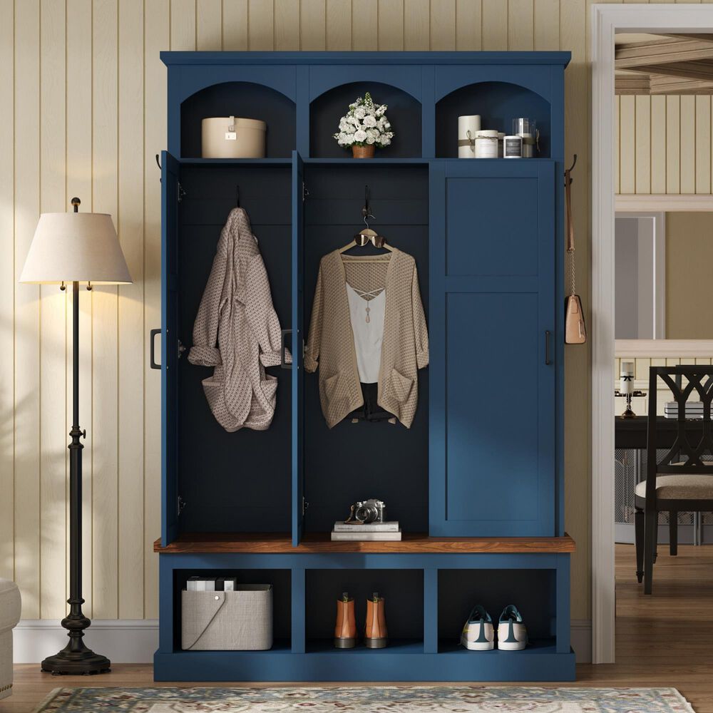 HOMLUX 5-Hook Hall Tree with 3 Hidden Storage in Blue and Walnut, , large