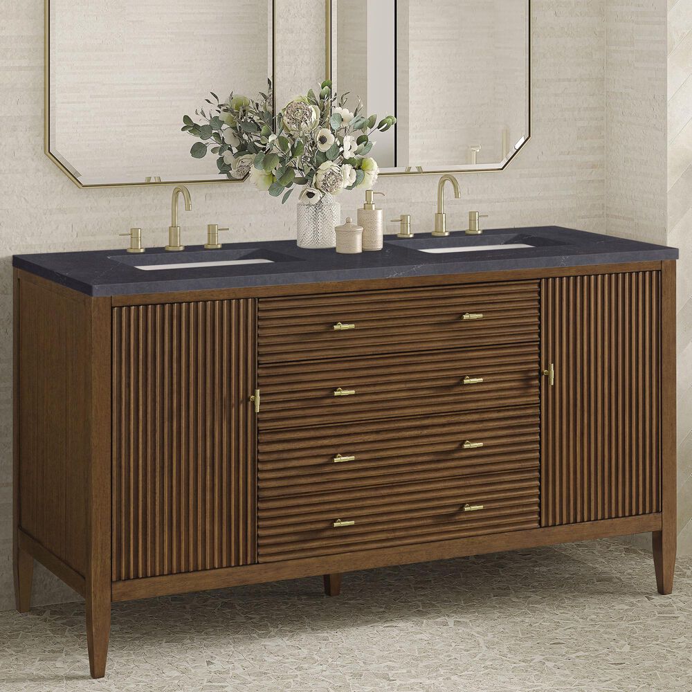 James Martin Vanities Myrrin 60" Double Vanity in Mid Century Walnut with 3 cm Charcoal Soapstone Quartz Top, , large