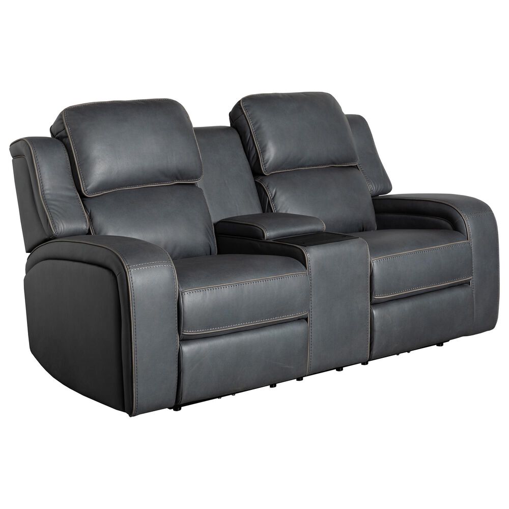 Aurora Furnishings Power Reclining Console Loveseat with Audio in Teramo Steel Blue, , large