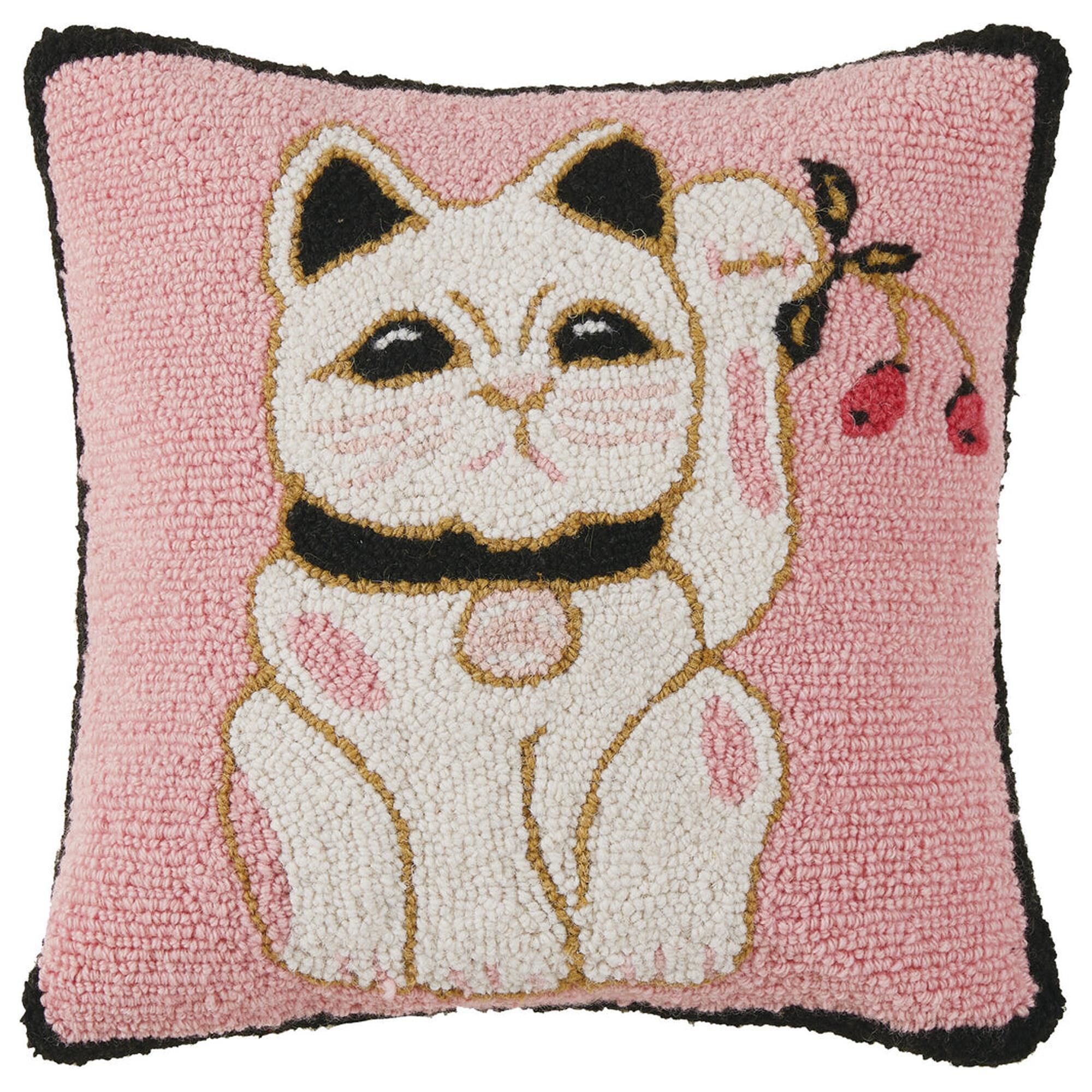 Peking Handicraft Lucky Cat Hooked 16 x 16 Throw Pillow in Pink and White NFM