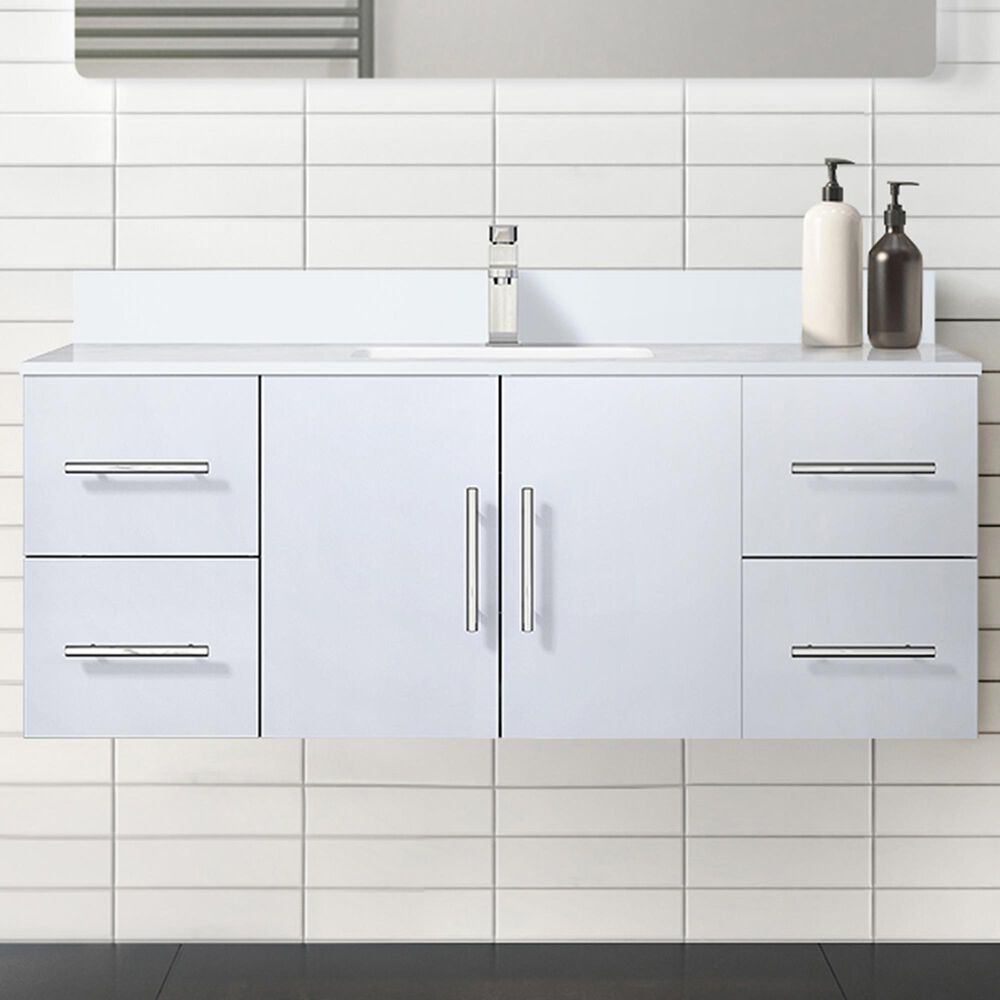 Lexora Home Geneva 48&quot; Single Bathroom Vanity in Glossy White with 2 cm White Quartz Top and Rectangular Sink, , large