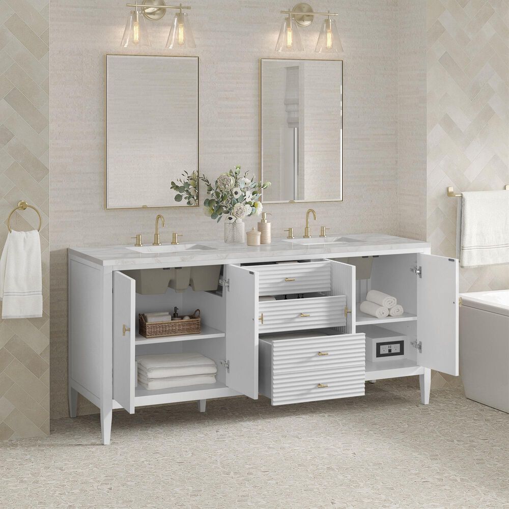 James Martin Vanities Myrrin 72" Double Bathroom Vanity in Bright White with 3 cm Eternal Jasmine Pearl Silestone Top, Rectangular Sinks and FreePower Wireless Charger, , large