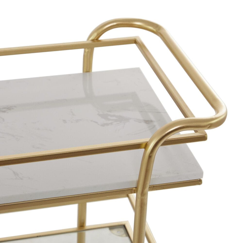 Maple and Jade 3-Shelf Bar Cart with Handle in Satin Gold and White Marble, , large