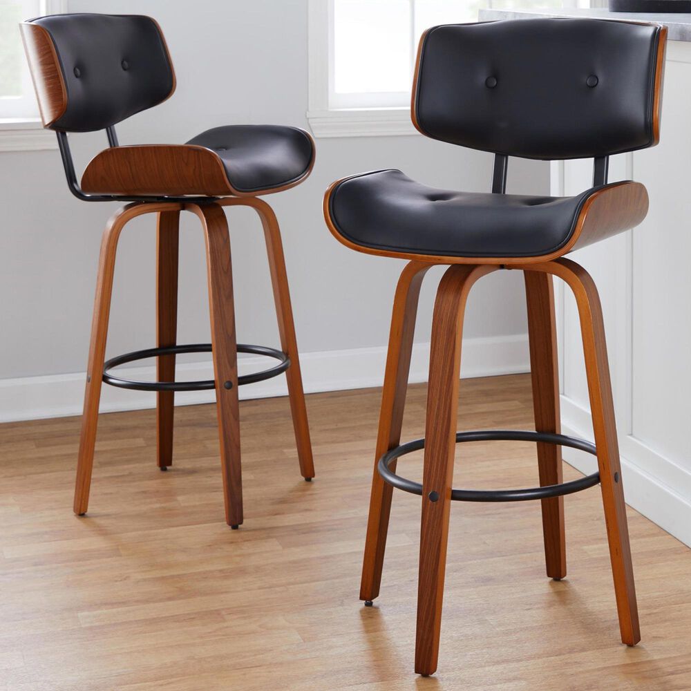 LumiSource Lombardi 30" Swivel Barstool with Black Faux Leather Upholstery in Walnut and Black (Set of 2), , large