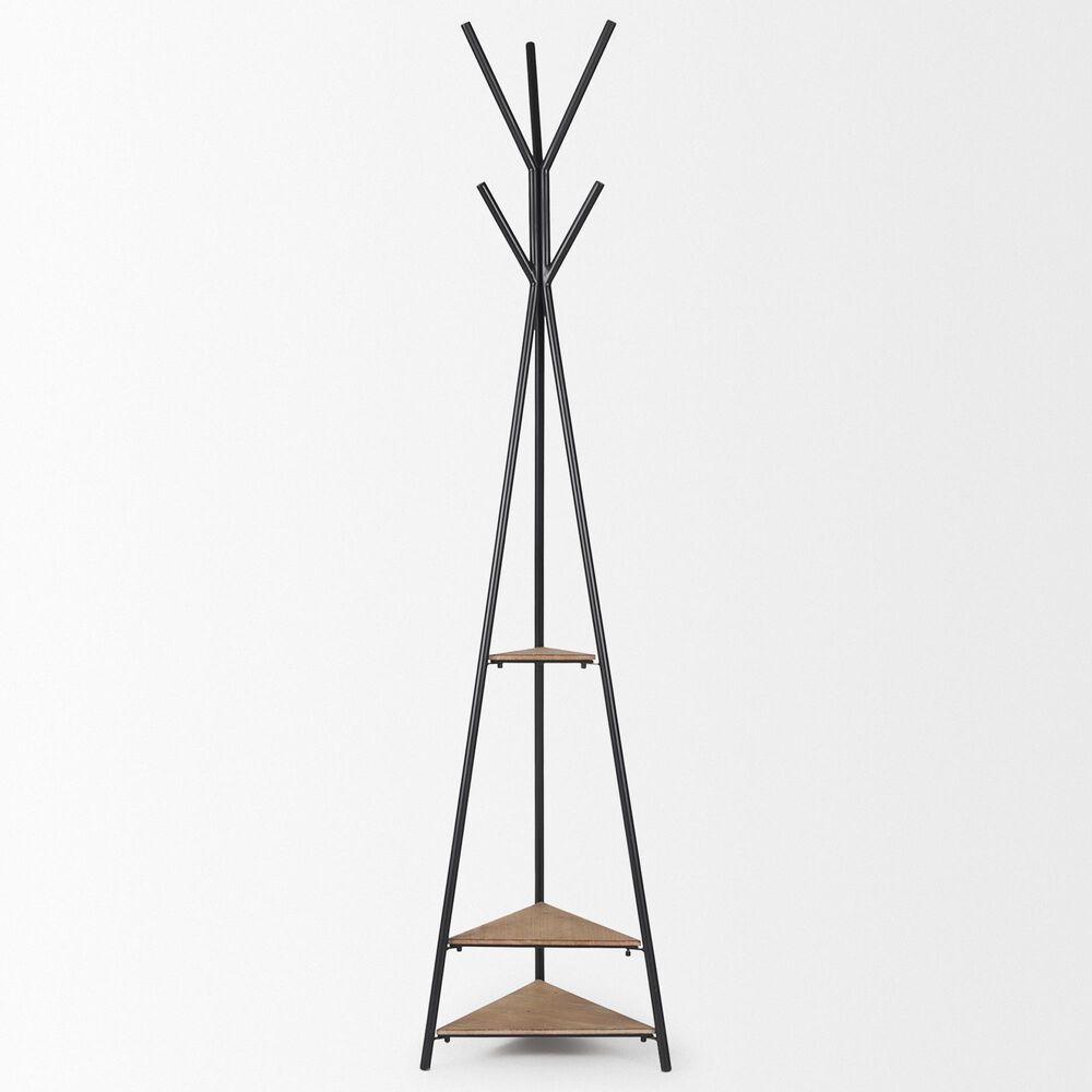 Mercana Everett Coat Rack with 2 Triangular Wooden Shelves in Matte Black, , large
