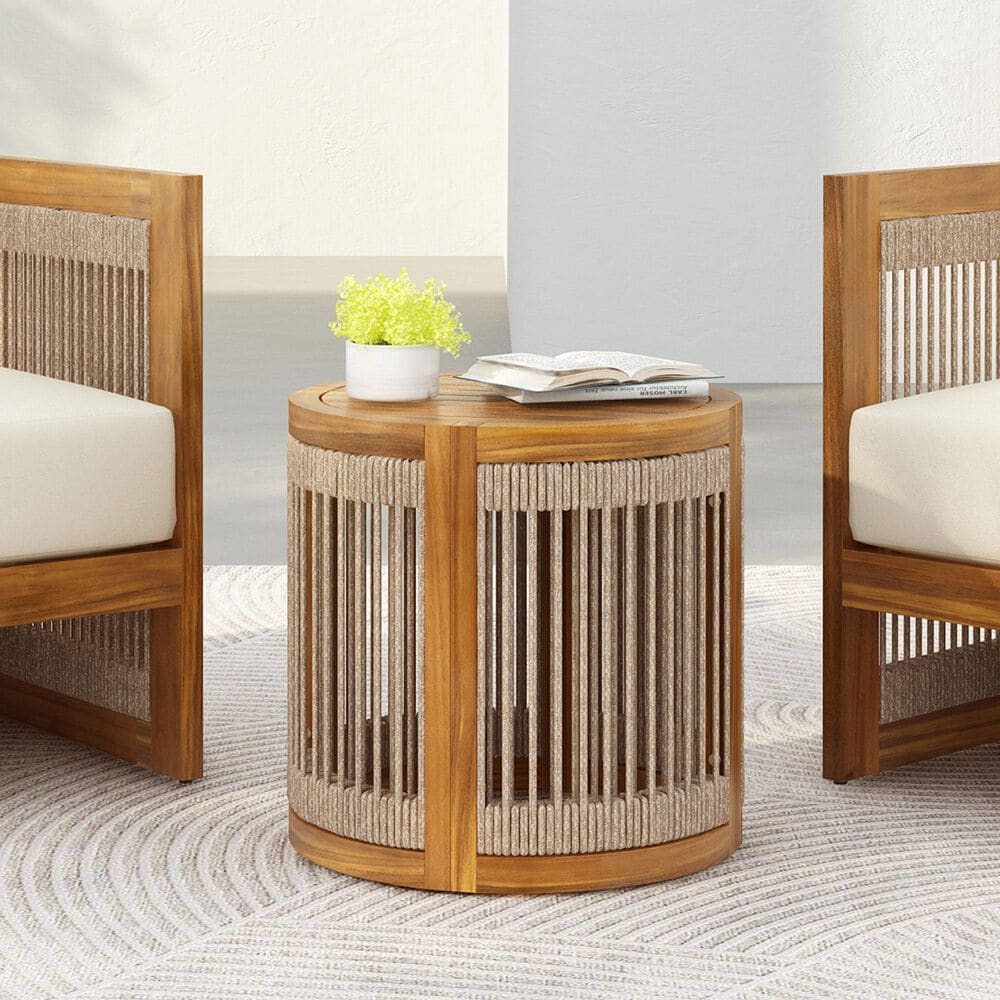 Hearth and Haven Outdoor Round Acacia Wood Side Table with Handwoven Rope Accents in Natural, , large