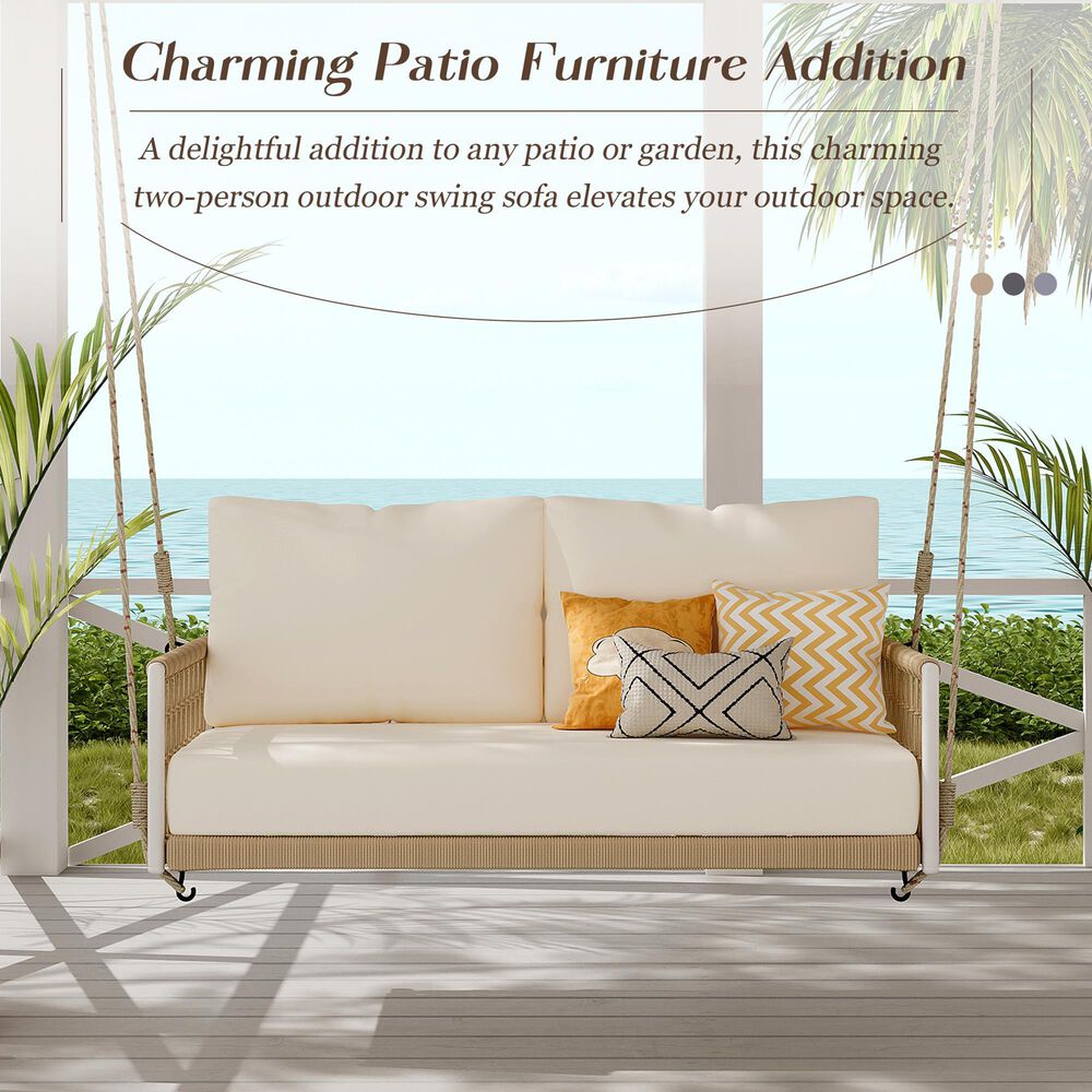 HOMLUX Patio Woven Rope Swing Sofa with White Steel in Beige, , large