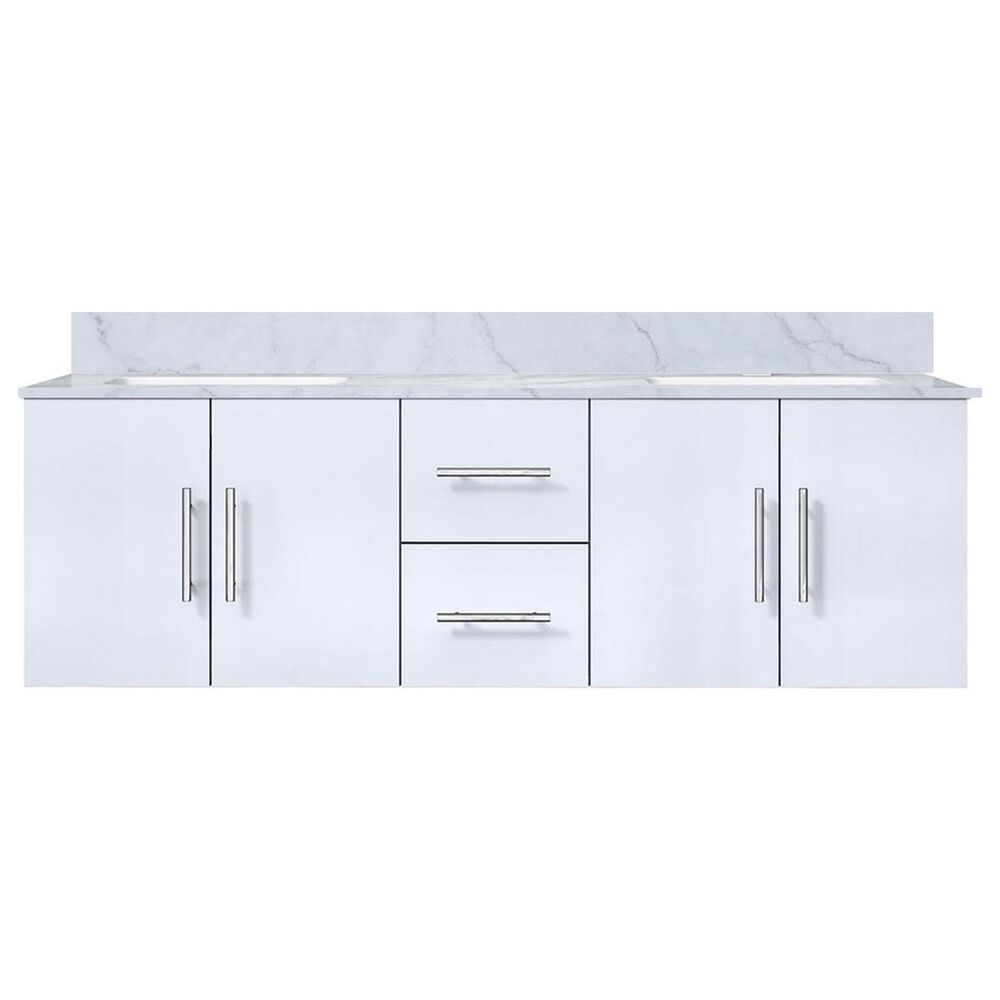 Lexora Home Geneva 60&quot; Double Bathroom Vanity in Glossy White with 2 cm White Carrara Marble Top and Rectangular Sinks, , large