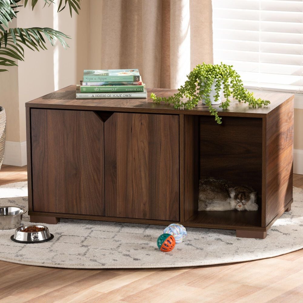 Baxton Studio Jasper 2-Door Cat Litter Box Cover House in Walnut Brown, , large