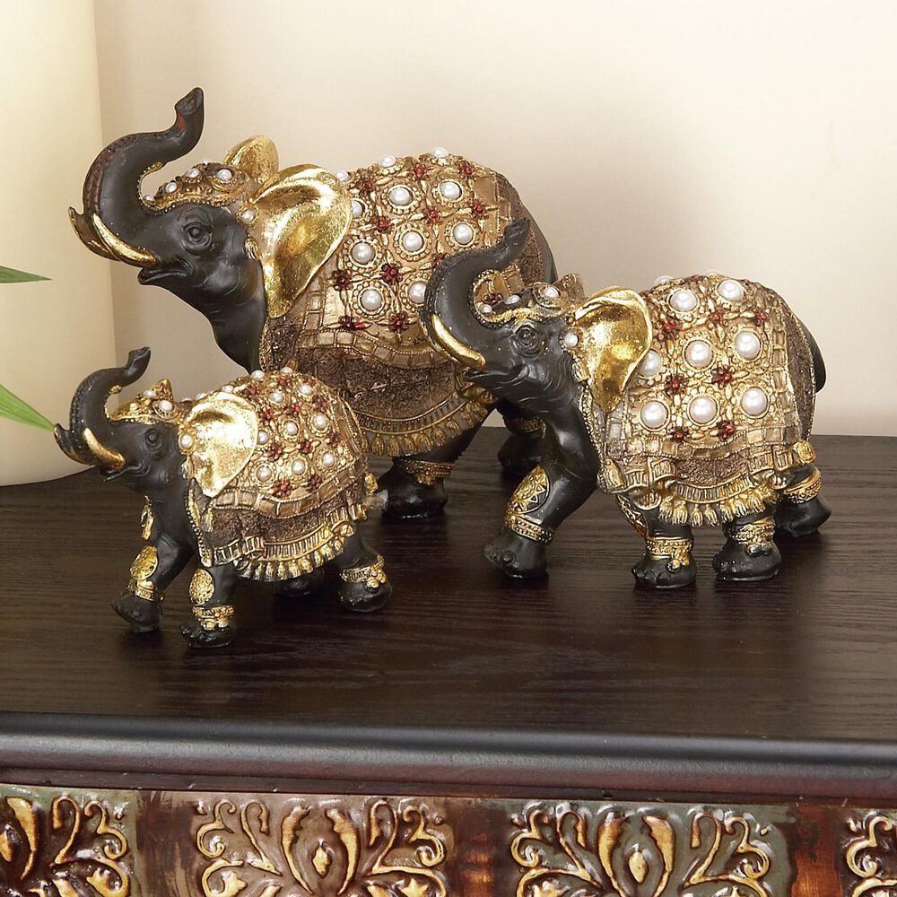Maple and Jade Eclectic Elephant Sculpture in Gold &#40;Set of 3&#41;, , large