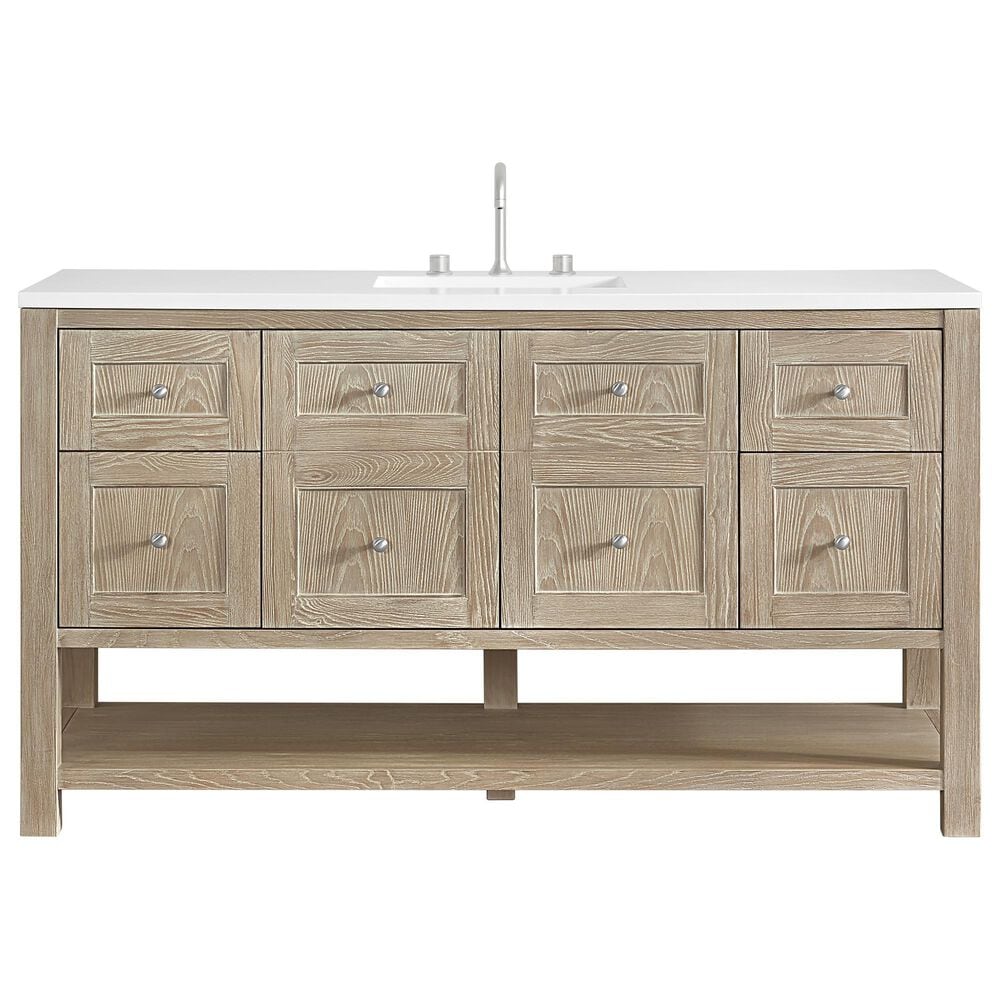 James Martin Vanities Breckenridge 60" Single Bathroom Vanity in Whitewashed Oak with 3 cm White Zeus Quartz Top and Rectangular Sink, , large