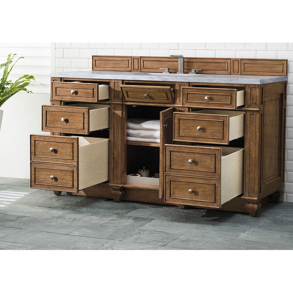 James Martin Vanities Bristol 60&quot; Single Bathroom Vanity in Saddle Brown with 3 cm Carrara White Marble Top and Rectangular Sink, , large