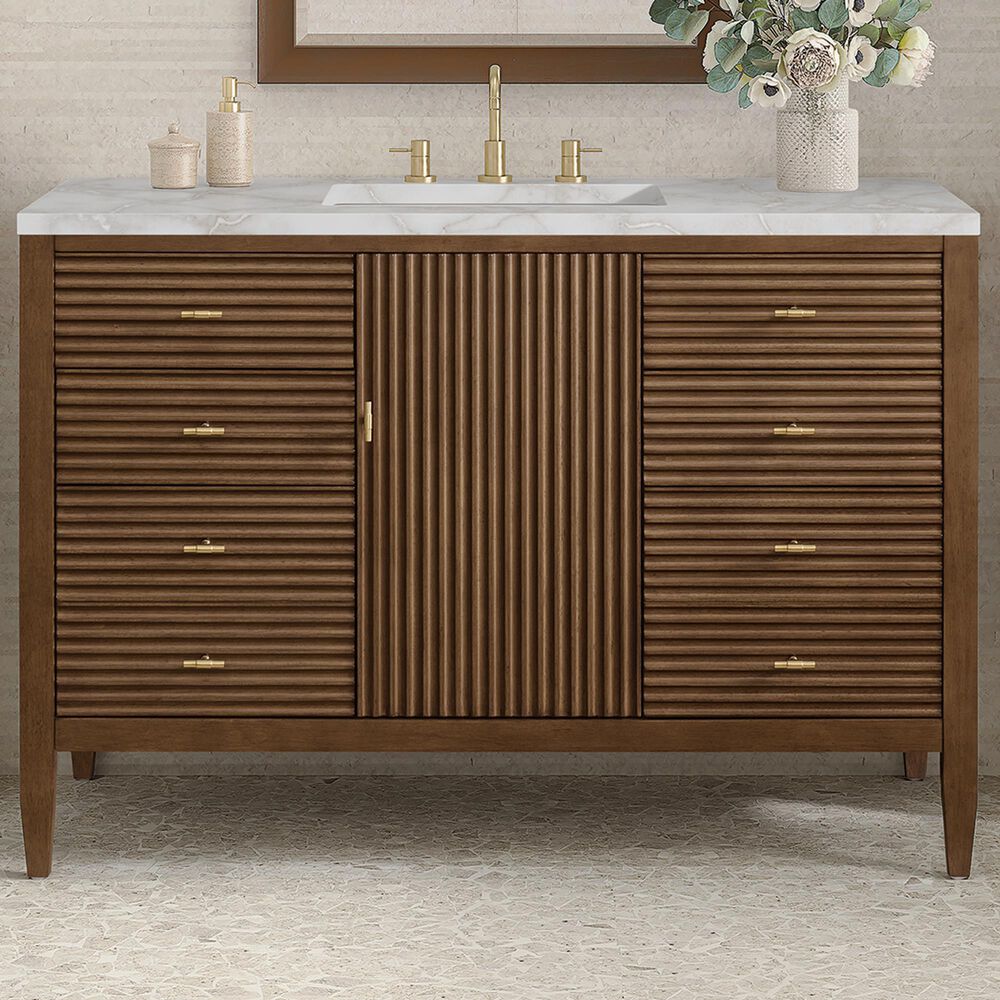 James Martin Vanities Myrrin 48&quot; Vanity in Mid-Century Walnut with 3 cm Victorian Silver Quartz Top, , large