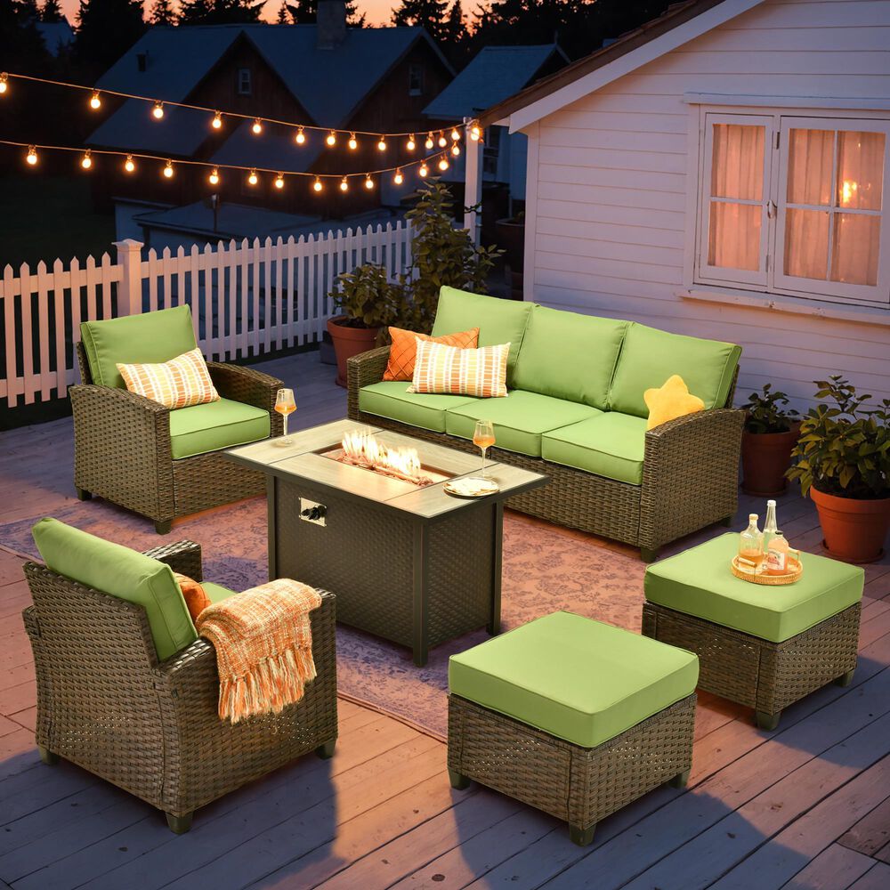 HOMLUX 6-Piece Patio Conversation Set with 42" Fire Pit Table and Light Brown Wicker in Green, , large