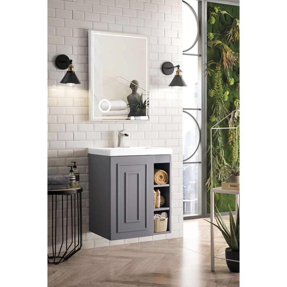James Martin Vanities Alicante 24&quot; Single Bathroom Vanity in Grey Smoke with 5 cm White Glossy Resin Top and Rectangular Sink, , large