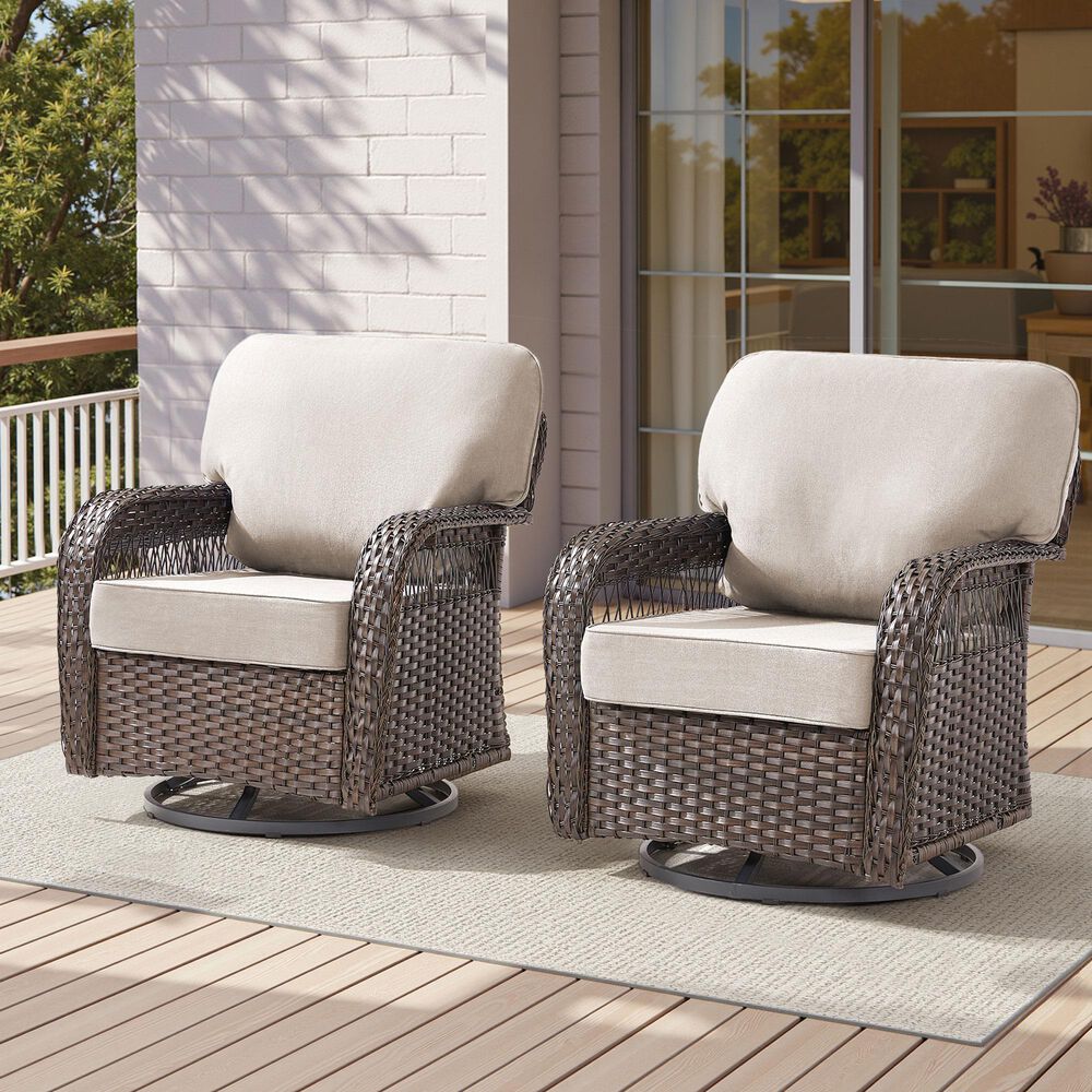 Hearth and Haven Outdoor Swivel Glider Chair with Beige Cushion in Brown (Set of 2), , large