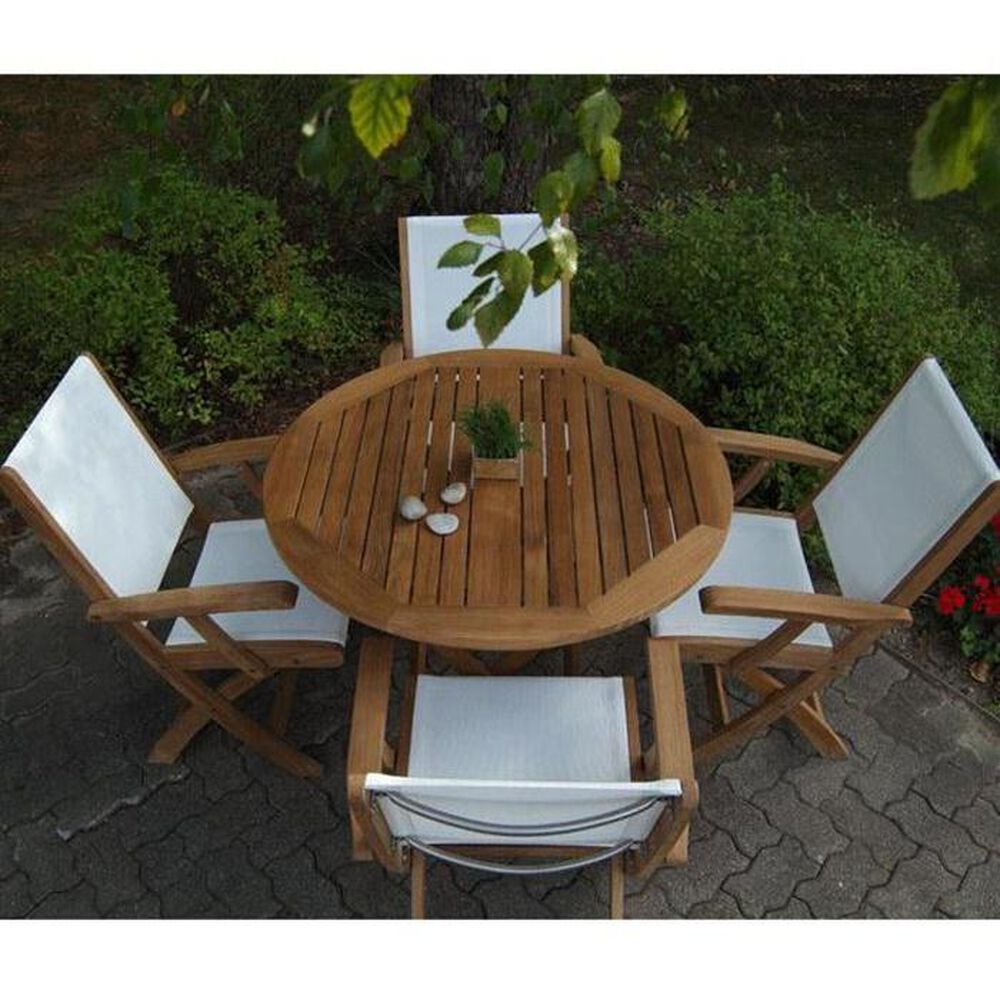 Three Birds Casual Cambridge 5-Piece Round Sling Dining Set in Teak, , large