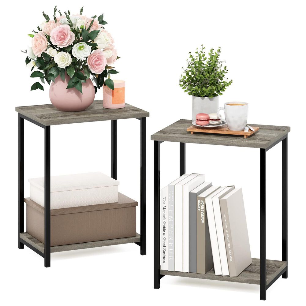 HOMLUX 2-Tier Metal Frame End Table with Open Shelf in French Oak Grey and Black (Set of 2), , large