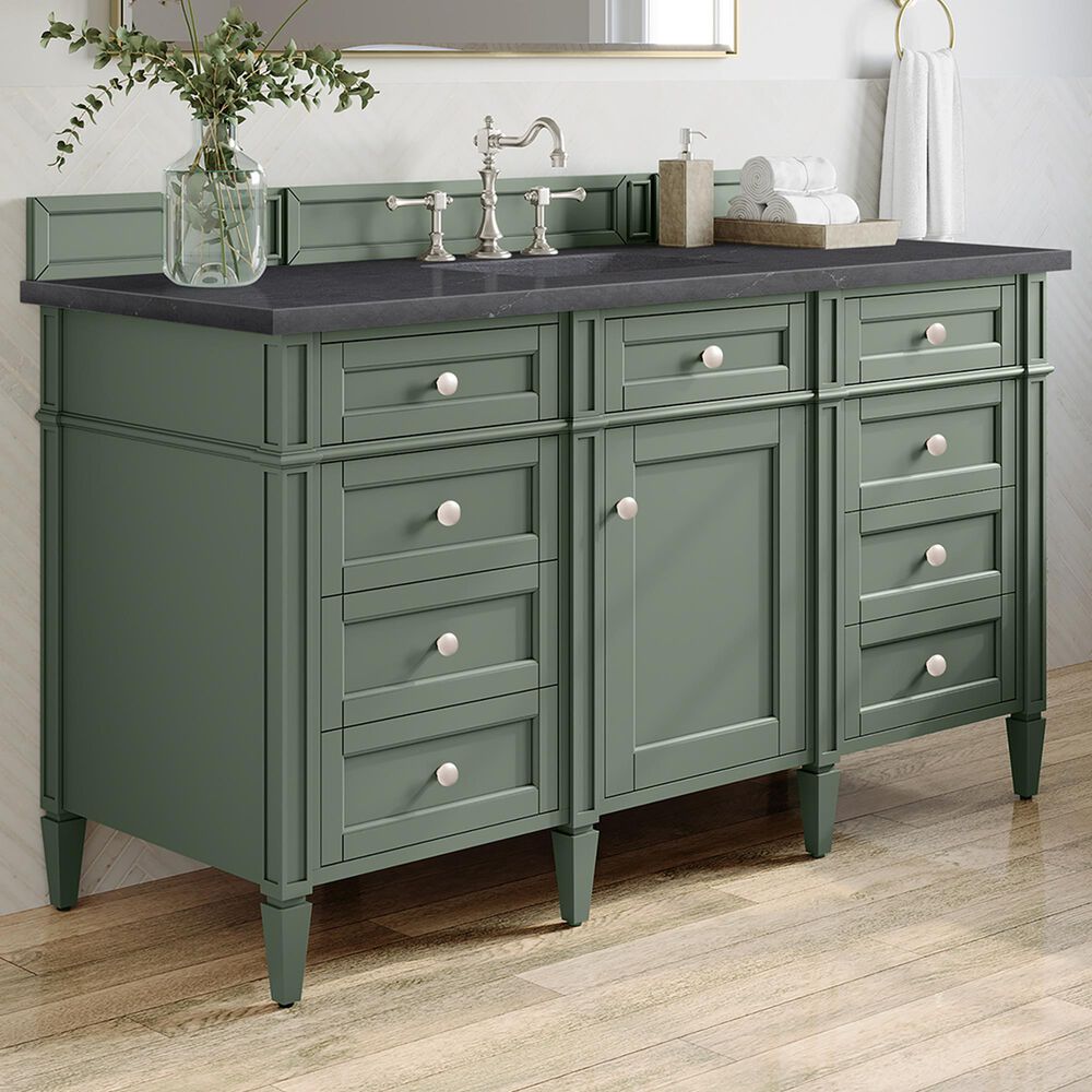 James Martin Vanities Brittany 60&quot; Single Bathroom Vanity in Smokey Celadon with 3 cm Charcoal Soapstone Quartz Top and Rectangular Sink, , large