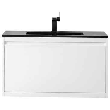 James Martin Mantova 35.4" Single Mounted Bathroom Vanity in Glossy White with 2 cm Charcoal Black Resin Countertop and Rectangular Sink, , large