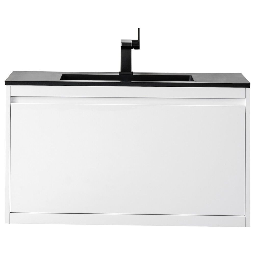James Martin Mantova 35.4" Single Mounted Bathroom Vanity in Glossy White with 2 cm Charcoal Black Resin Countertop and Rectangular Sink, , large