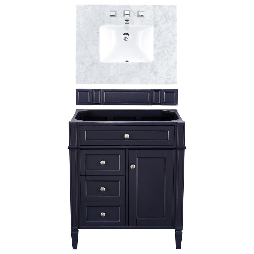 James Martin Vanities Brittany 30" Single Bathroom Vanity in Victory Blue with 3 cm Carrara White Marble Top and Rectangle Sink, , large