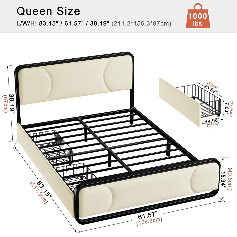 HOMLUX Queen Upholstered Platform Storage Bed in Beige, , large