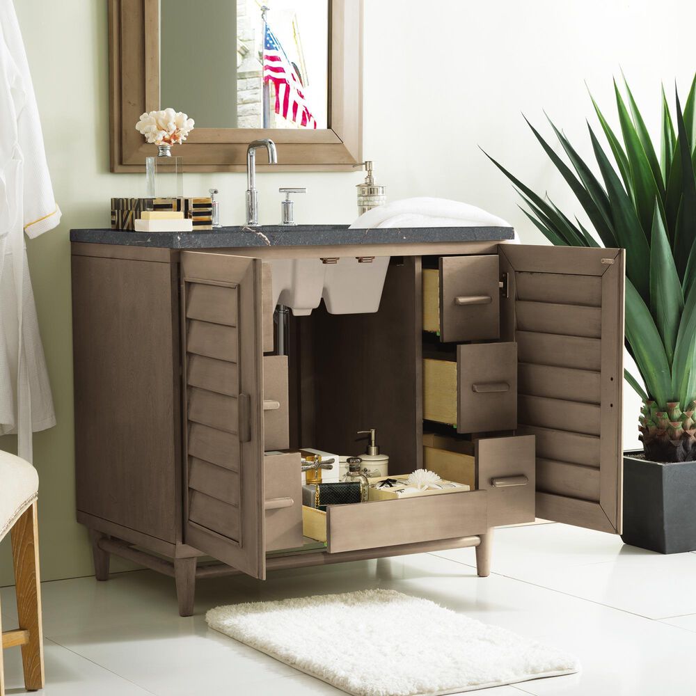 James Martin Vanities Portland 36&quot; Single Bathroom Vanity in Whitewashed Walnut with 3 cm Parisien Bleu Quartz Top and Rectangular Sink, , large