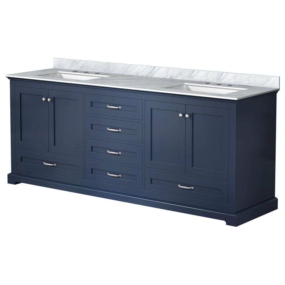 Lexora Home Dukes 80&quot; Double Bathroom Vanity in Navy Blue with 2 cm White Carrara Marble Top and Rectangular Sinks, , large