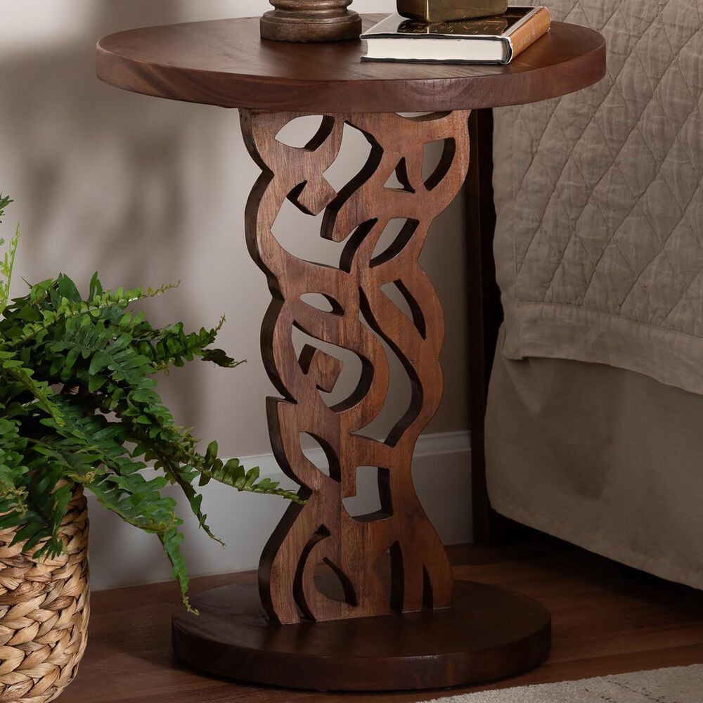 Baxton Studio Donna Nightstand with Pedestal Base in Mahogany Brown, , large