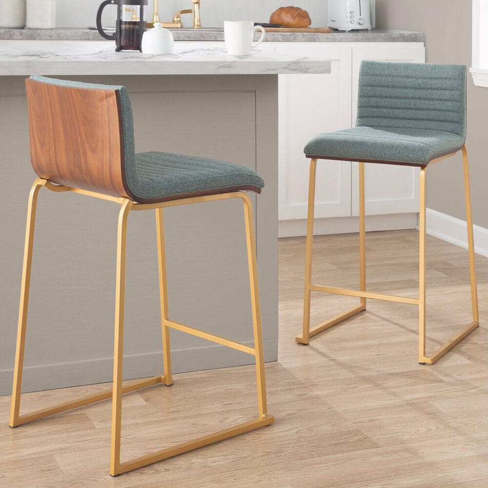 Lumisource Mason 25&quot; Counter Stool with Green Fabric Cushion in Gold and Walnut &#40;Set of 2&#41;, , large