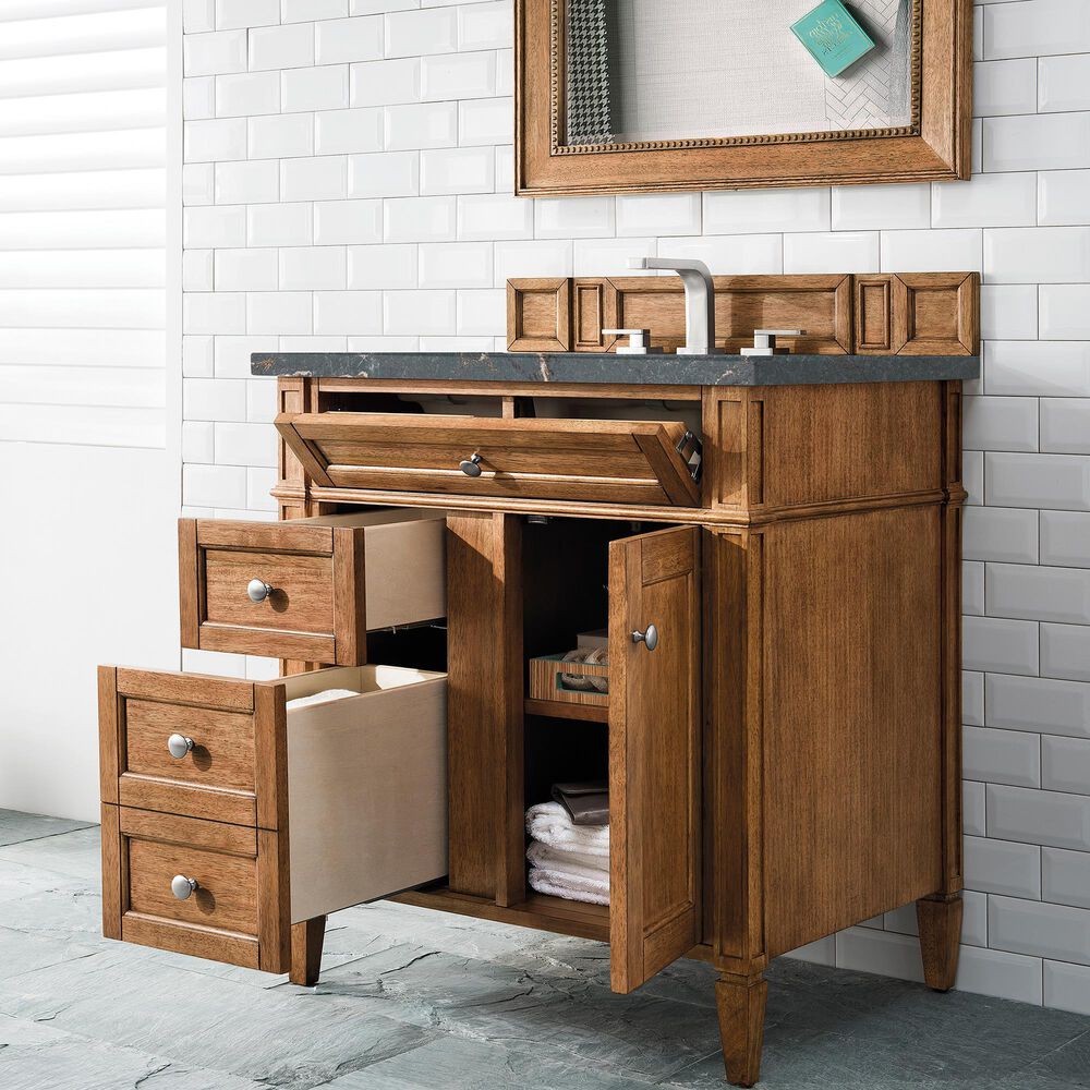 James Martin Vanities Brittany 30&quot; Single Bathroom Vanity in Saddle Brown with 3 cm Parisien Bleu Quartz Top and Rectangular Sink, , large