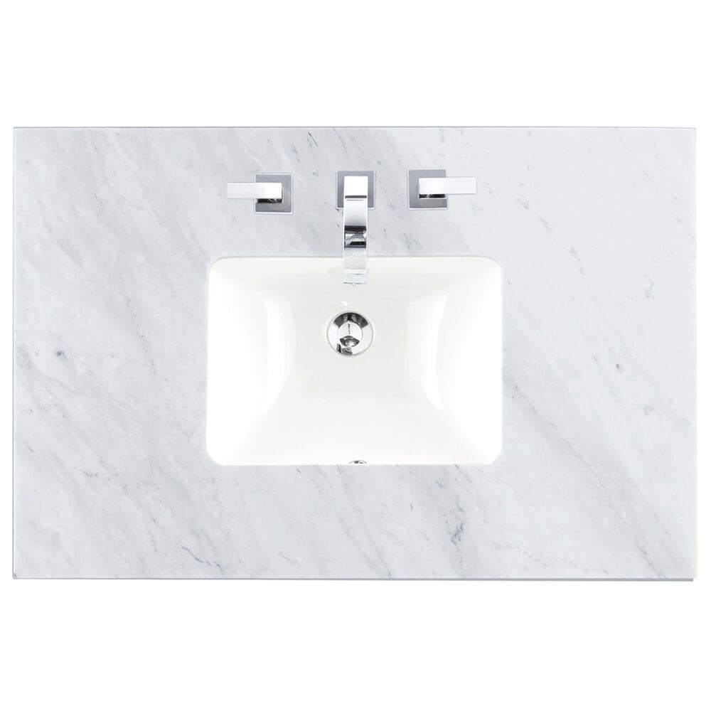 James Martin Vanities Malibu 36" Single Bathroom Vanity in Amber Birch with 3 cm Carrara White Marble Top and Rectangular Sink, , large