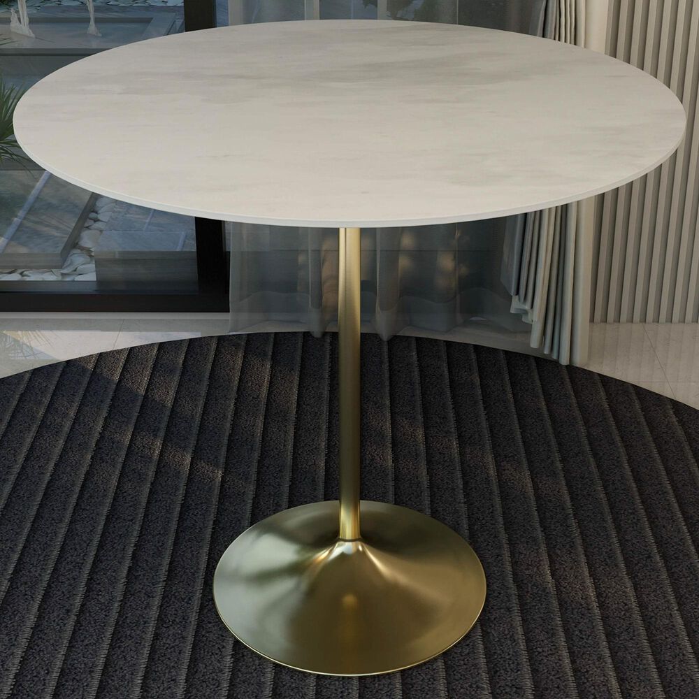 Leisuremod LeisureMod Verve Collection Modern Bar Height Table Brushed Gold Base with 48 Round Marble White Sintered Stone Top, , large