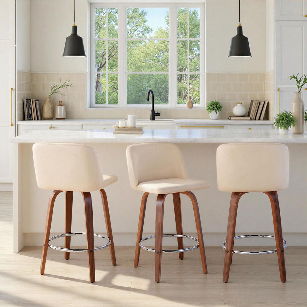 LumiSource Toriano Swivel Counter Stool with Cream Faux Leather Upholstery in Walnut and Chrome (Set of 2), , large