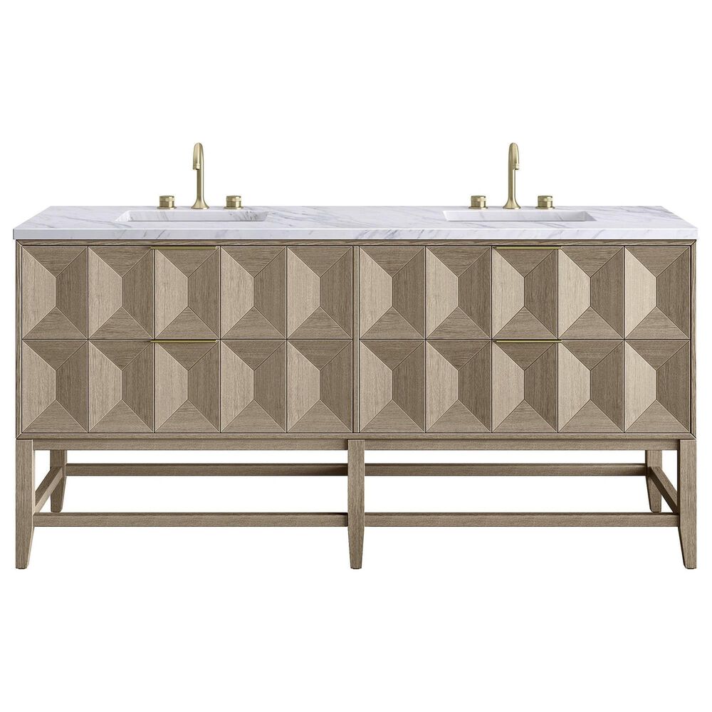 James Martin Vanities Emmeline 72&quot; Double Bathroom Vanity in Pebble Oak with 3 cm Carrara White Marble Top and Rectangular Sinks, , large