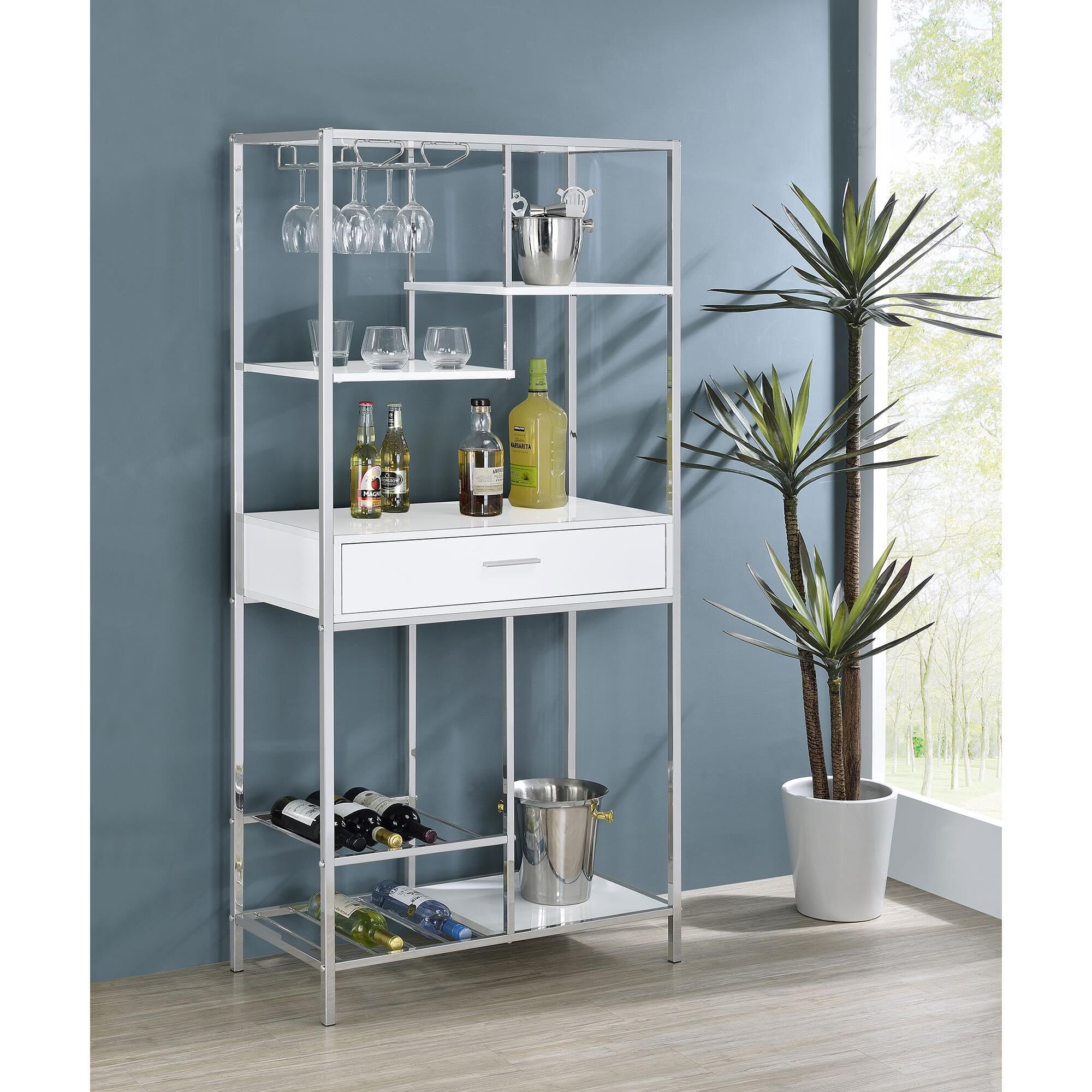 Pacific Landing Figueroa Wine Cabinet in White and Silver NFM