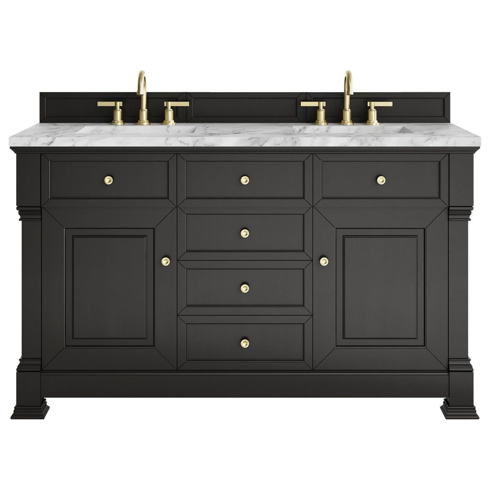James Martin Vanities Brookfield 60&quot; Double Bathroom Vanity in Black Onyx with 3 cm Carrara White Marble Top and Rectangular Sinks, , large