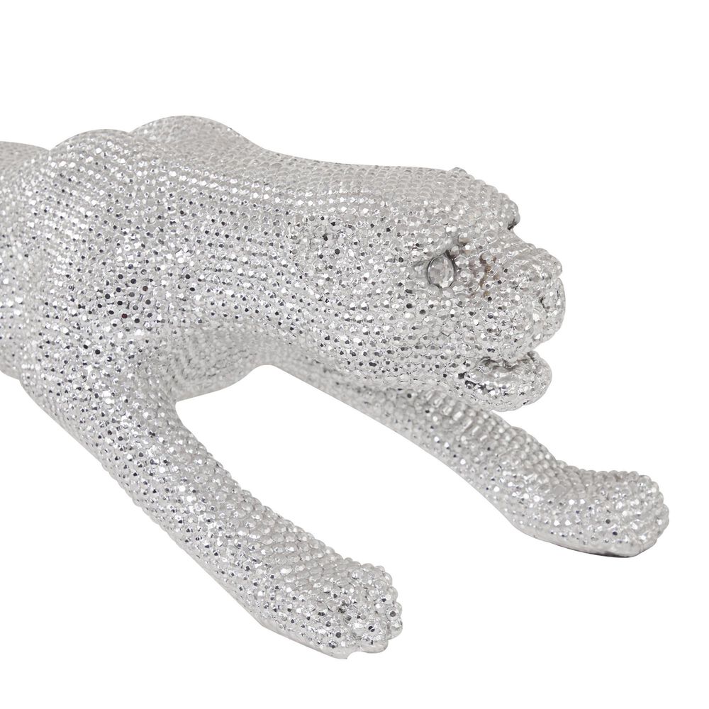 Maple and Jade Leopard Decorative Sculpture with Carved Faceted Diamond Exterior in Polished Silver, , large