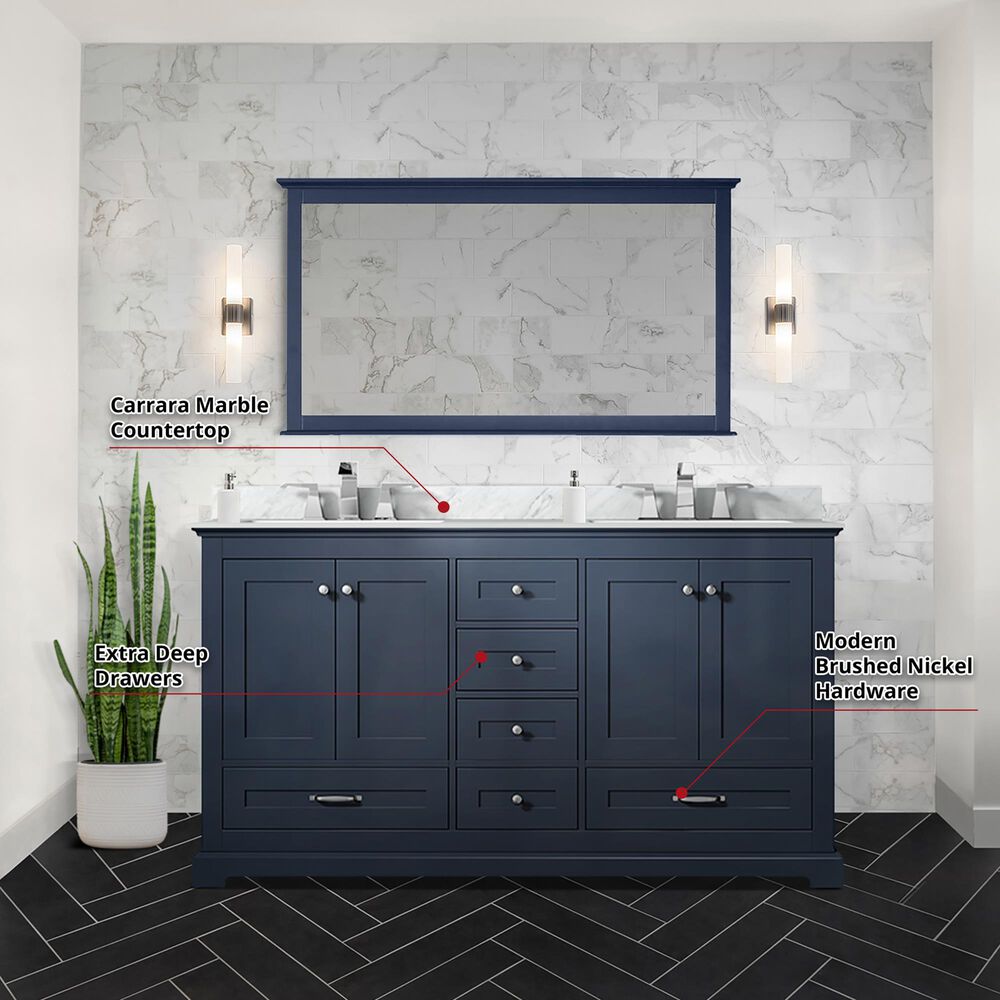 Lexora Home Dukes 60&quot; Double Bathroom Vanity in Navy Blue with 2 cm White Carrara Marble Top and Rectangular Sinks, , large