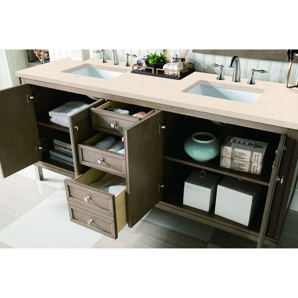 James Martin Vanities Chicago 72&quot; Double Bathroom Vanity in Whitewashed Walnut with 3 cm Eternal Marfil Quartz Top and Rectangular Sinks, , large