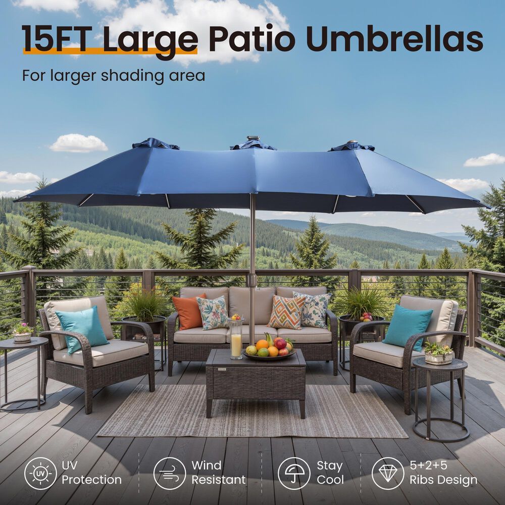 HOMLUX 15' Outdoor Market Umbrella with RGB Lights and Sandbags Base in Navy Blue, , large