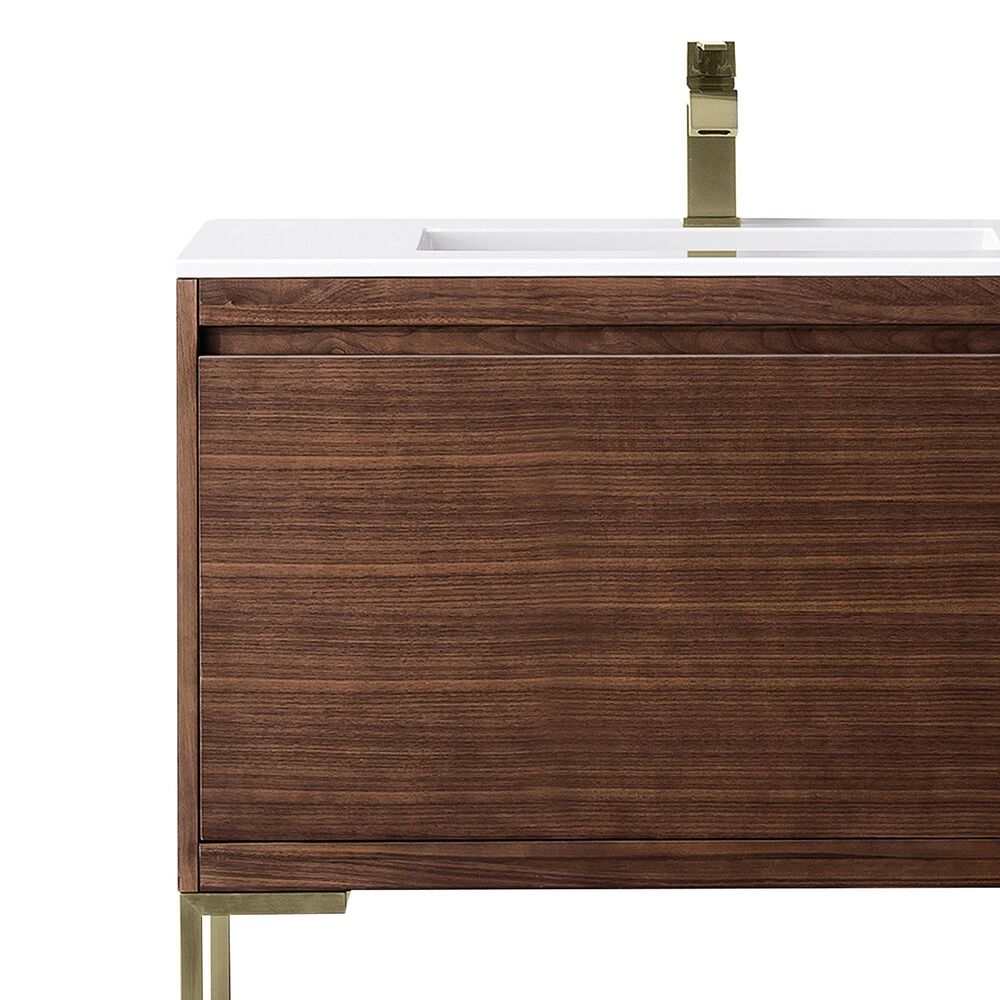 James Martin Vanities Mantova 35.4&quot; Single Vanity in Mid-Century Walnut and Champagne Brass with 3 cm Glossy White Composite Stone Top and Rectangular Sink, , large